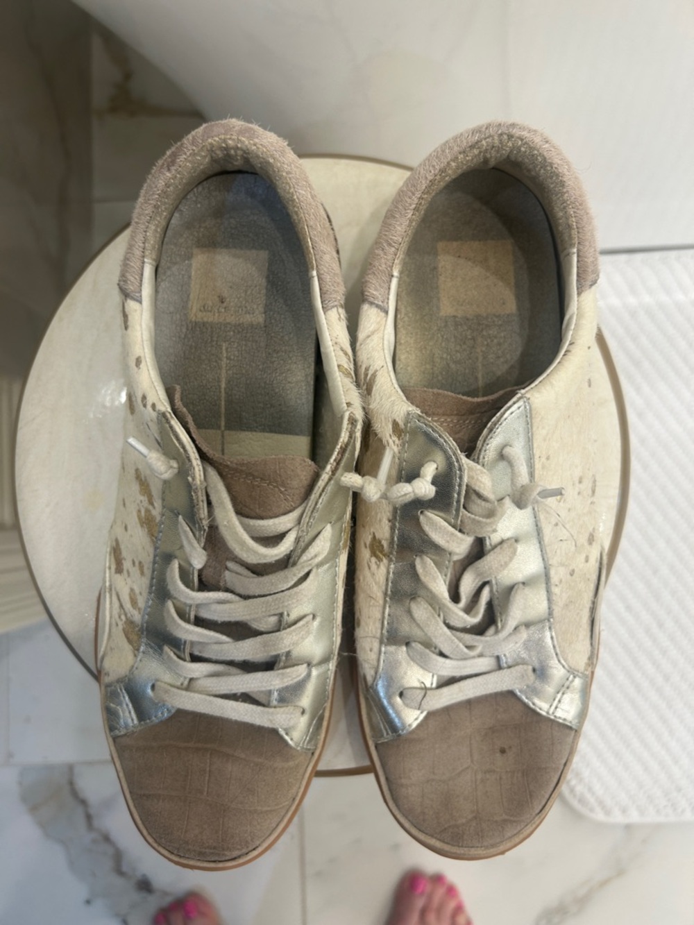 Dolce Vita Beige and Silver Low-Top Lace-Up Sneakers